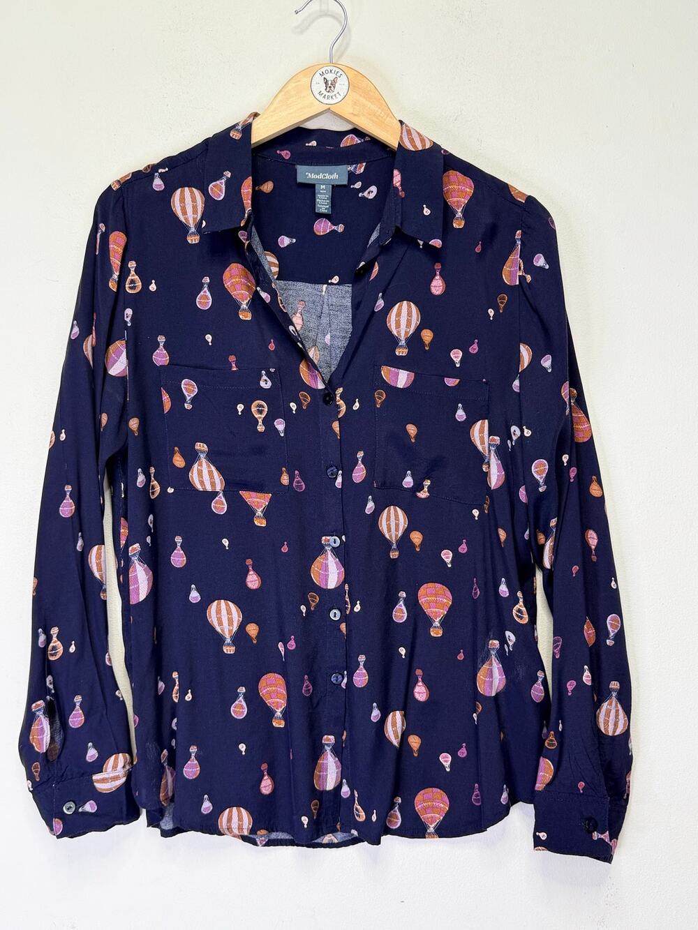 Modcloth Hot Air Balloon Print Blouse M Navy Button Front Whimsical Novelty
